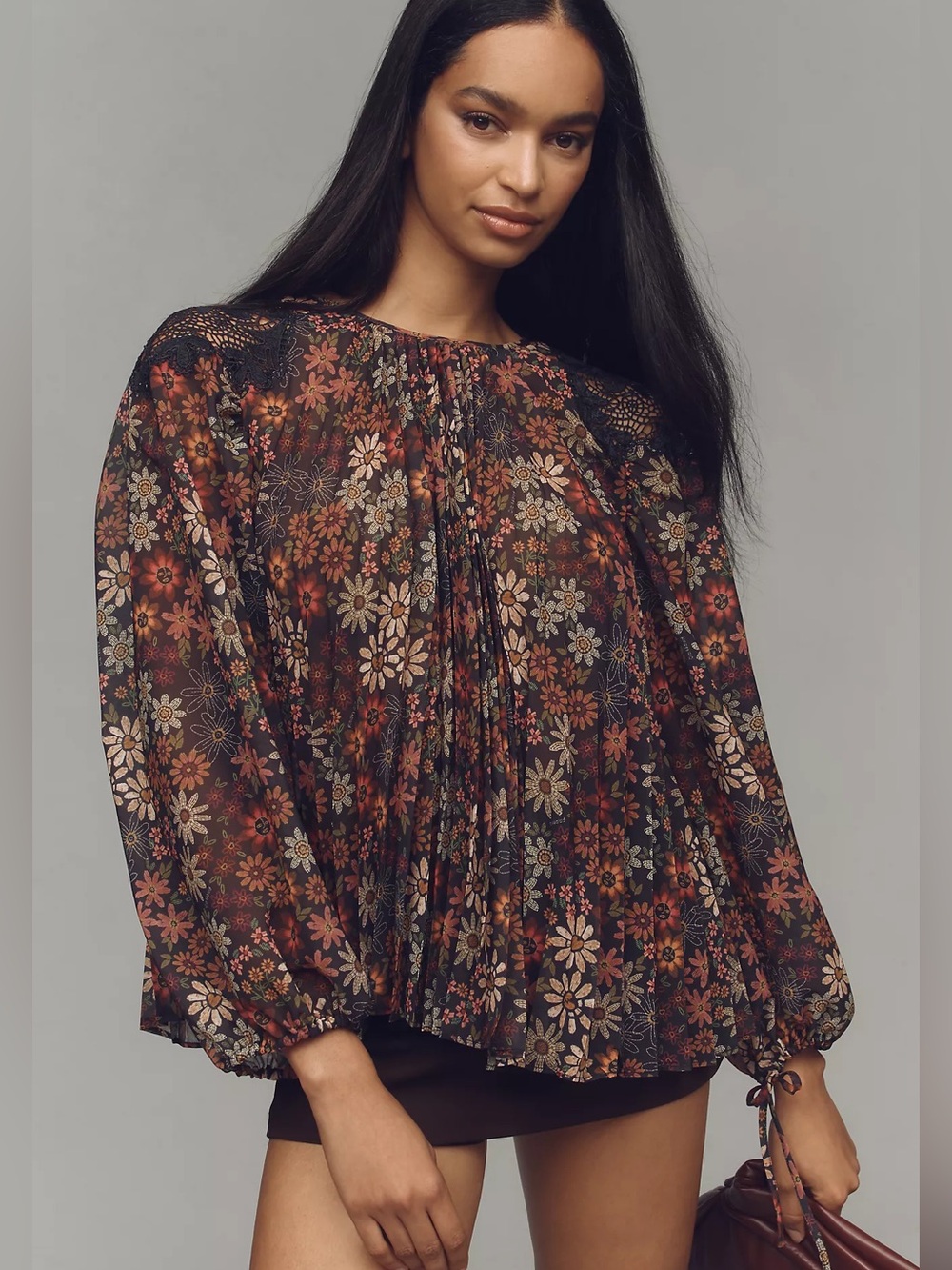 FARM Rio Black Floral Pleated Long-Sleeve Blouse